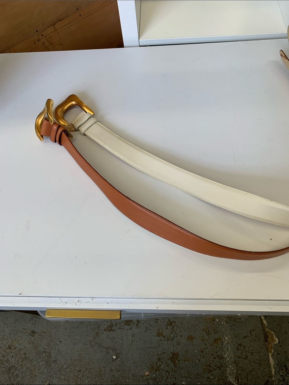 Two-Tone Leather Double-Strap Belt in Cream and Brown with Gold Buckles
